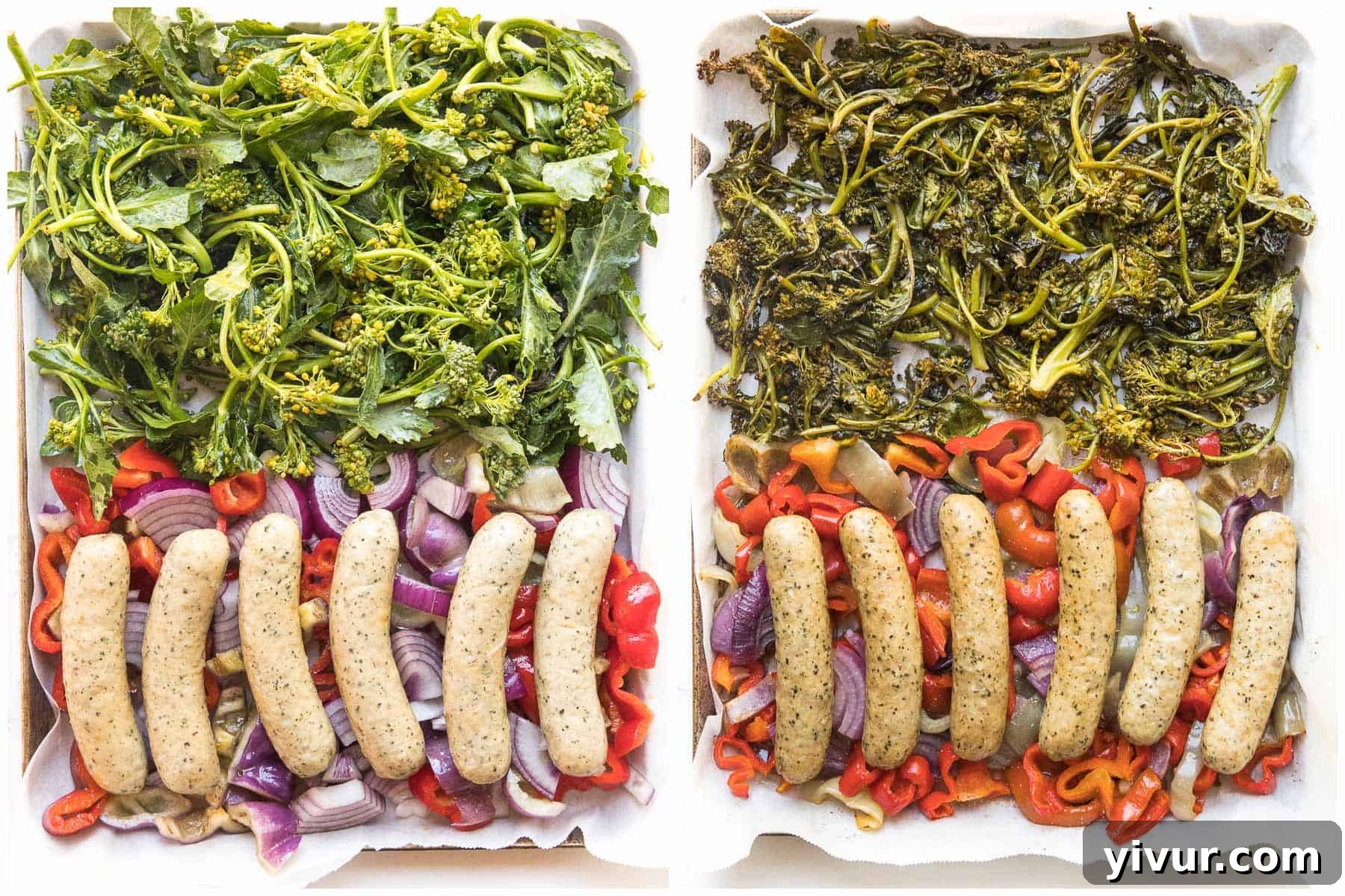 before and after of sheet pan sausage + veggies