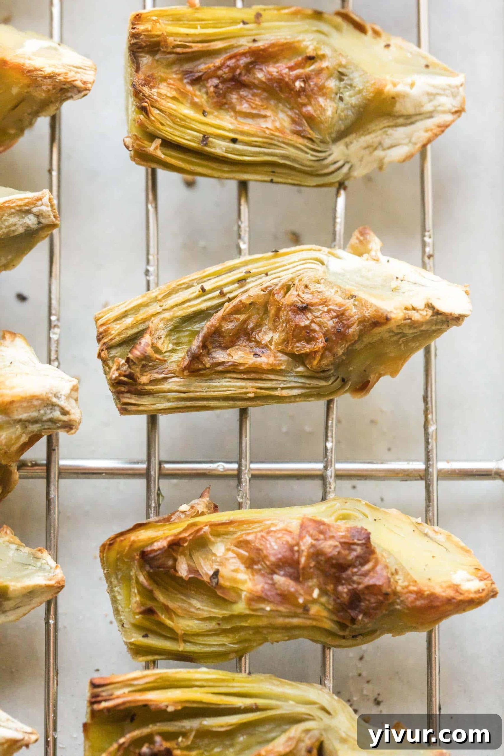 Close up shot of roasted artichoke hearts recipe on a wire rack