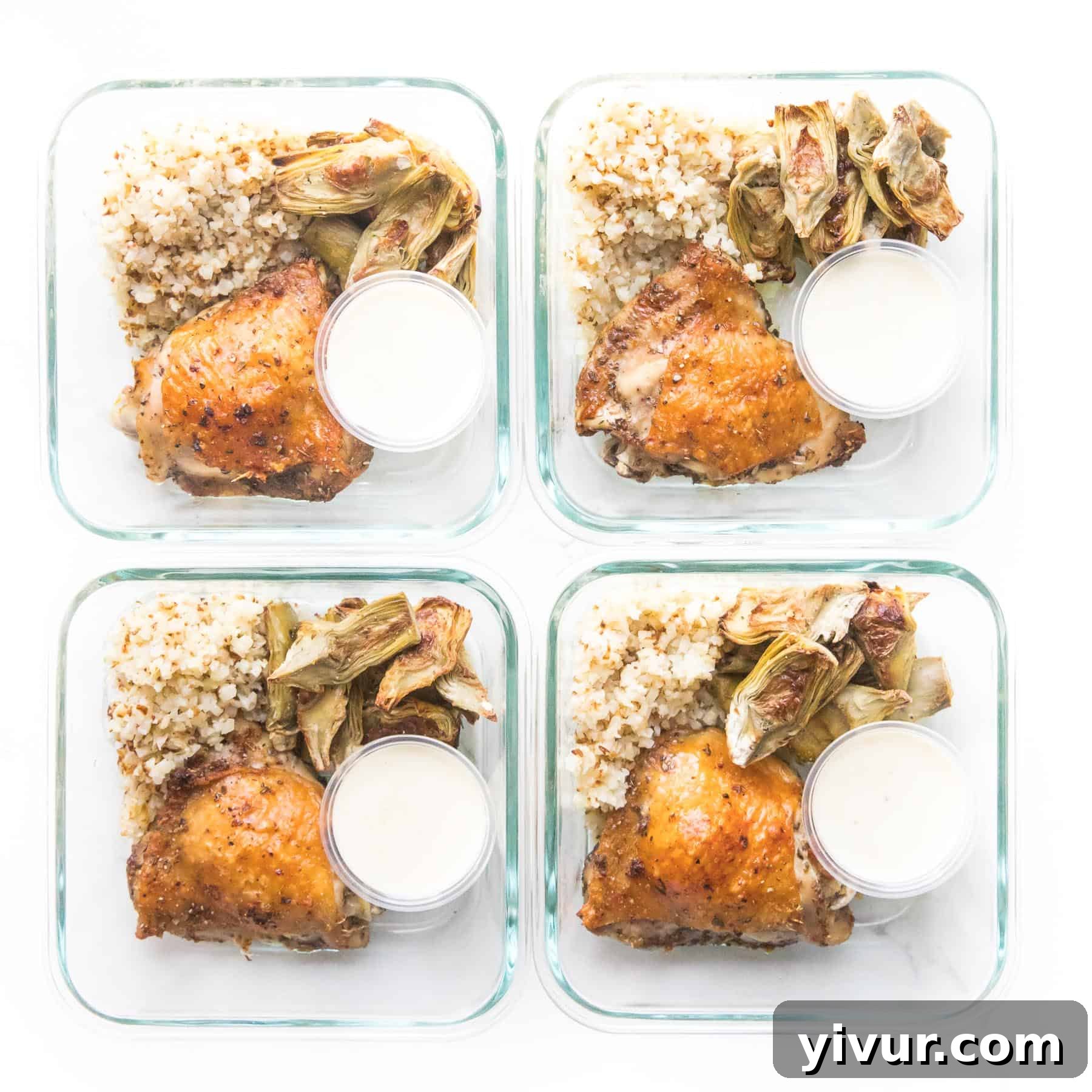 chicken thigh, artichokes and cauliflower rice in a meal prep container