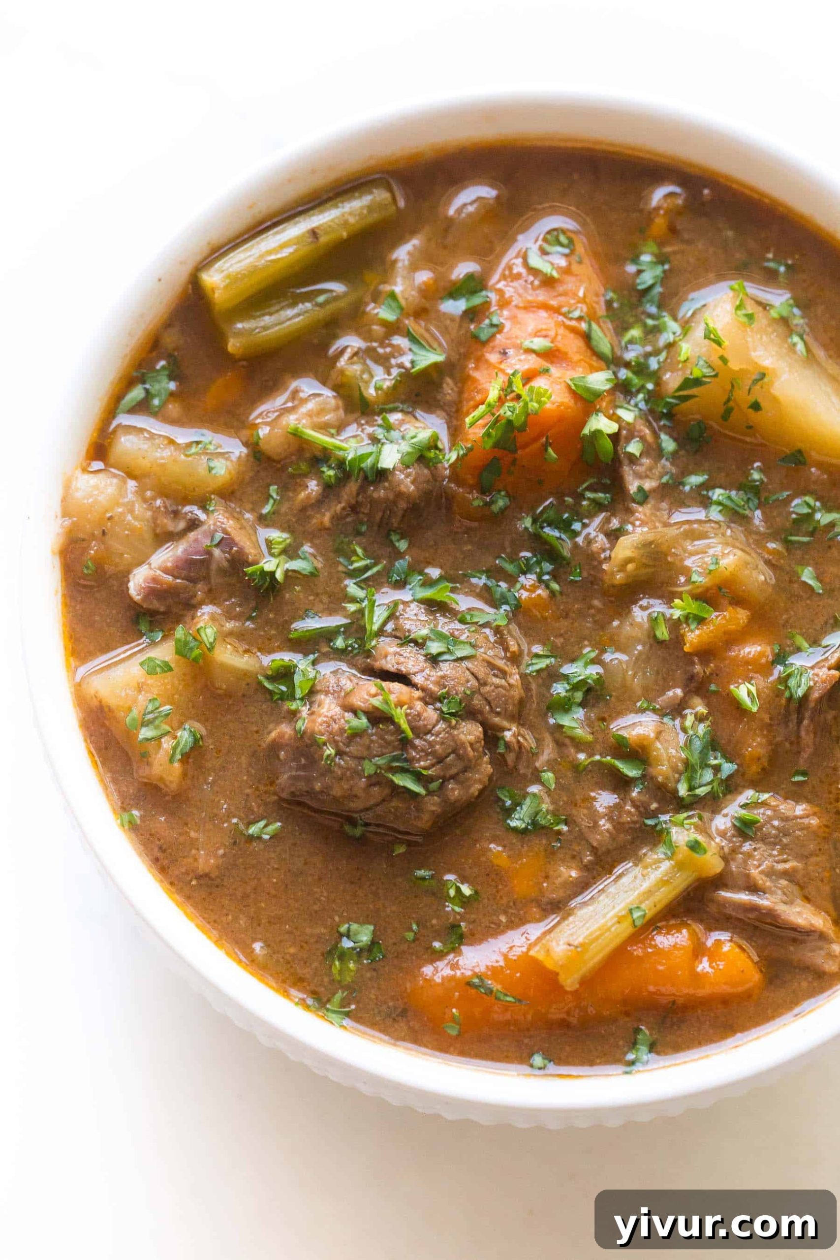Close-up shot of the delicious Whole30 Keto Instant Pot Beef Stew in a white bowl, showcasing the succulent beef, vibrant carrots, and rich broth.