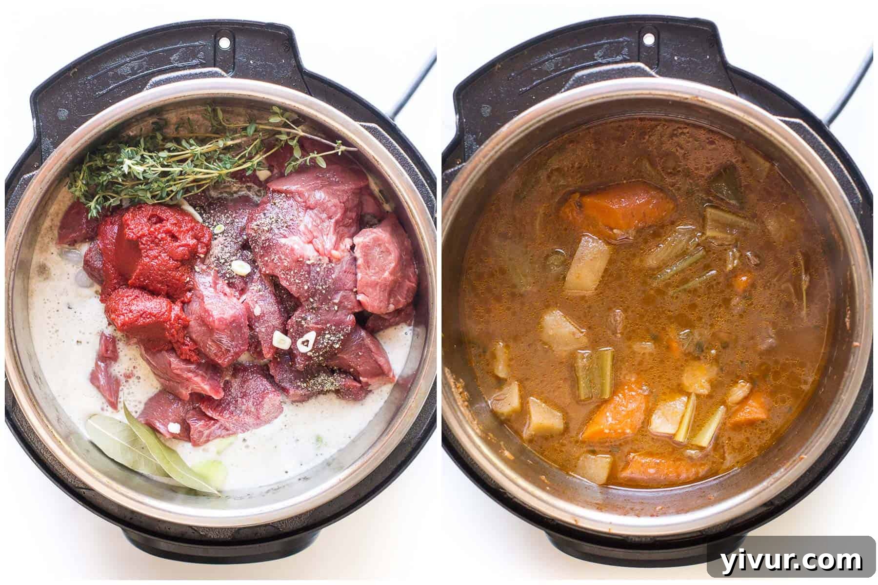 A visual guide showing the preparation steps for Instant Pot Beef Stew, with raw ingredients before pressure cooking and the finished stew after cooking, highlighting the ease of the process.