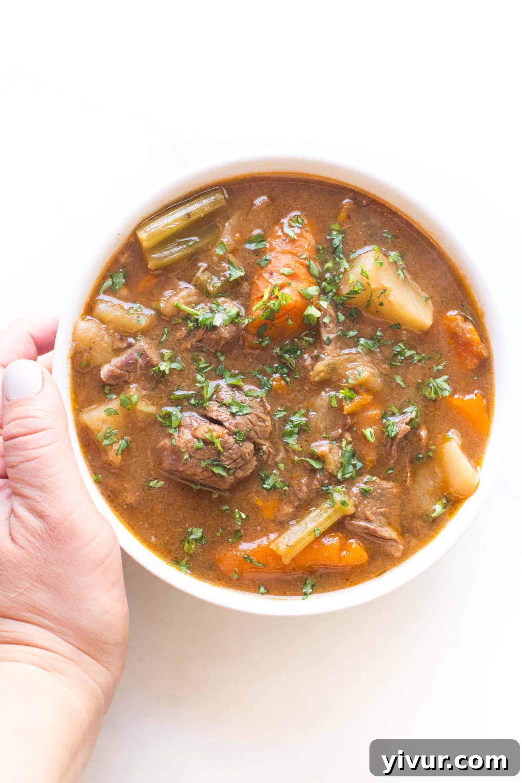 A hand gently holding a white bowl filled with the hearty Whole30 Keto Instant Pot Beef Stew, showcasing its rich texture and inviting warmth.