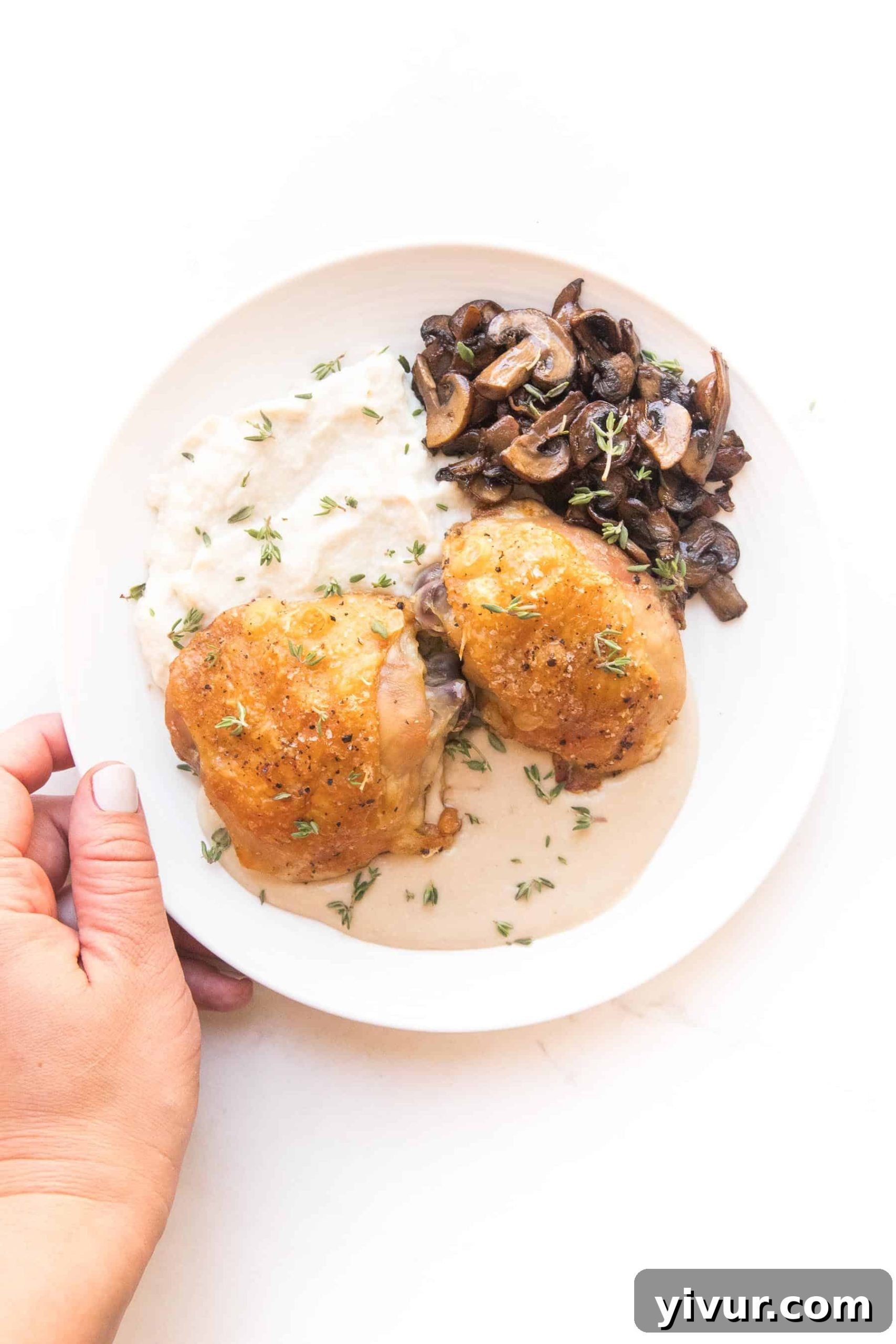 Whole30 Keto Luscious Creamy Mustard Chicken Thighs 3 Crispy chicken thighs with mashed cauliflower + sauteed mushrooms with mustard sauce