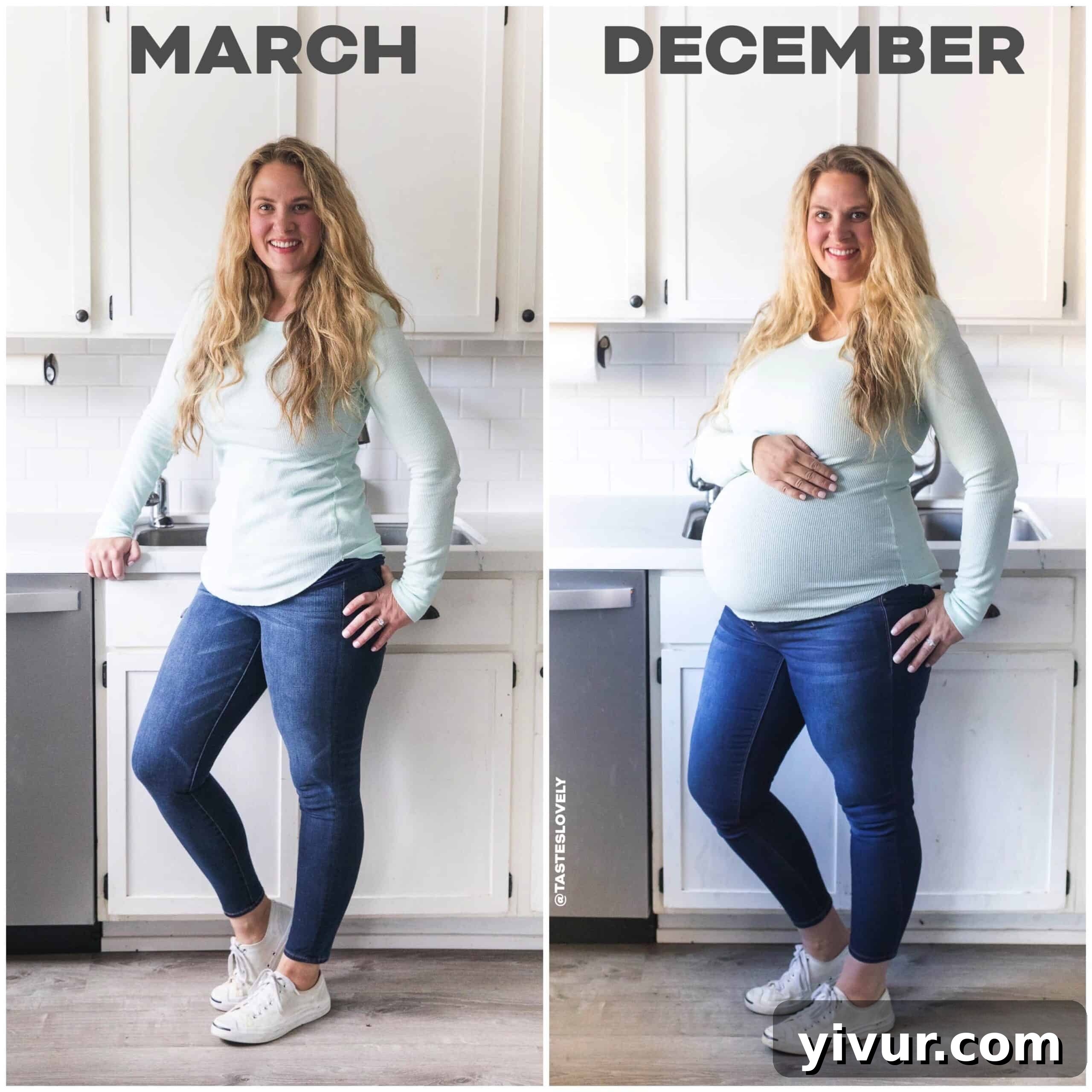 Unlocking a New Me: My 50-Pound Keto Success in Half a Year 4 Side-by-side comparison showing weight loss progress and a subsequent pregnancy after adopting a clean keto diet.