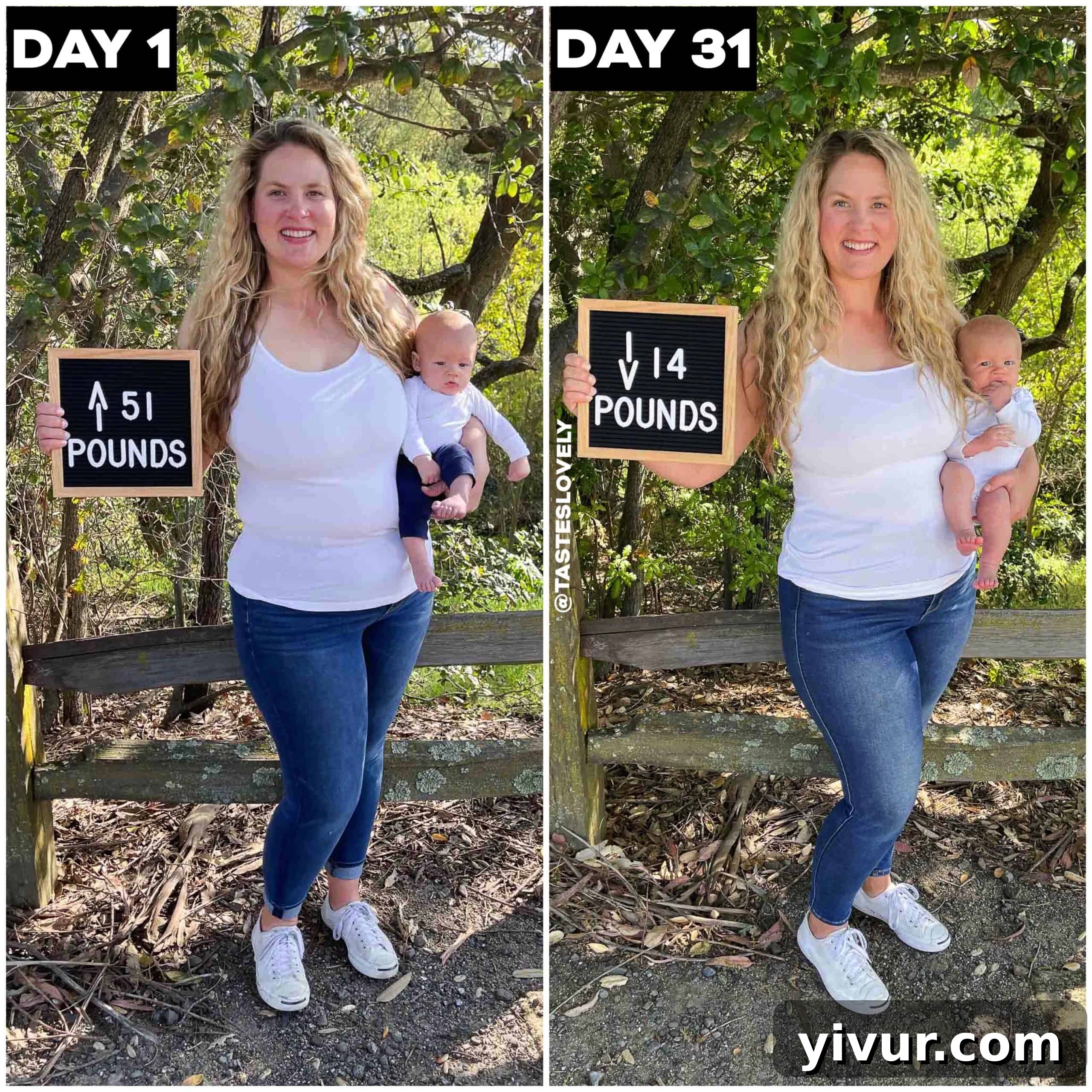 Unlocking a New Me: My 50-Pound Keto Success in Half a Year 5 Side-by-side photos comparing a woman who recently gave birth and her appearance 31 days later, showing early postpartum weight loss.