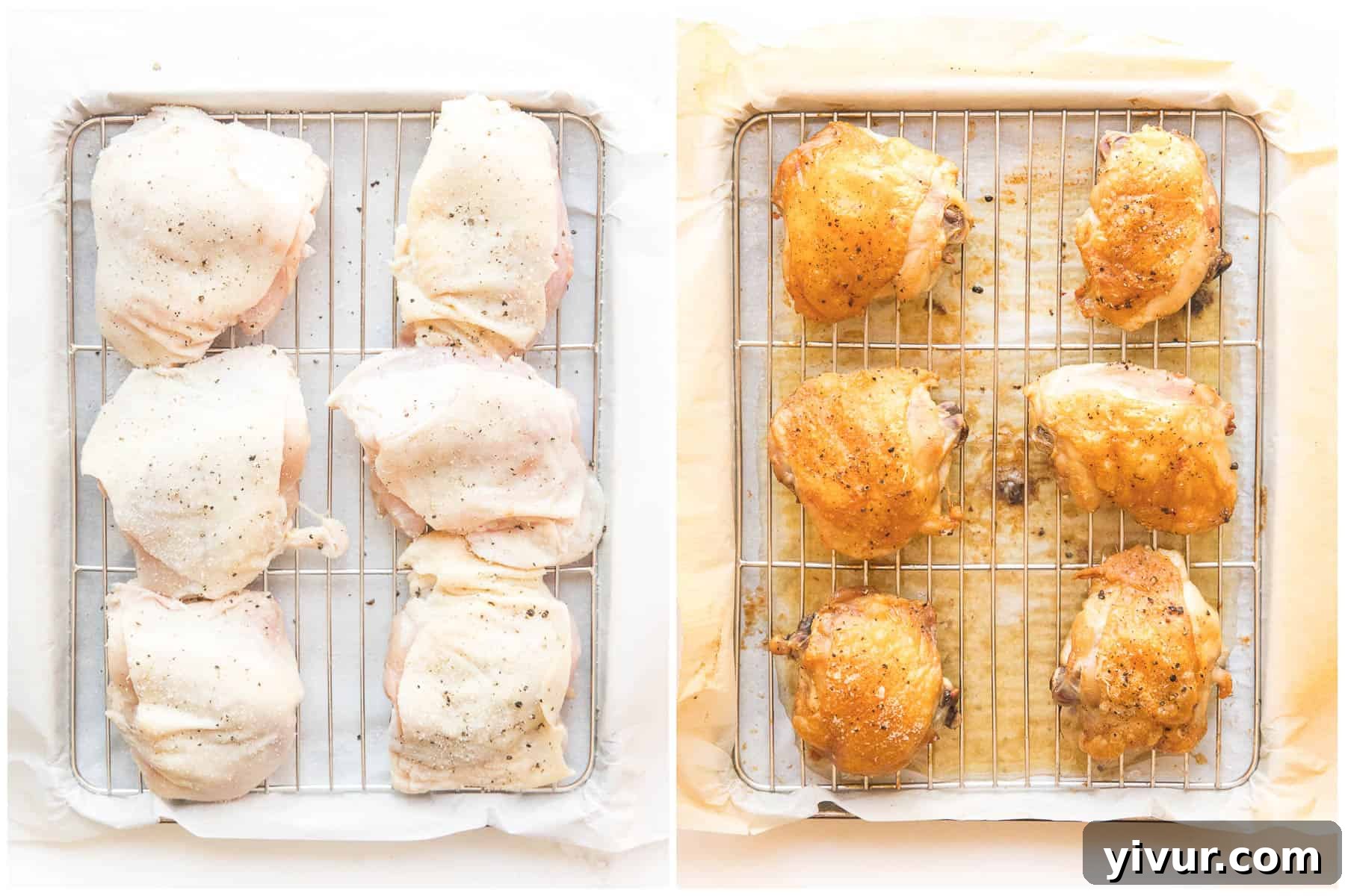 How to make crispy golden brown chicken thighs on a wire rack set on a rimmed baking sheet
