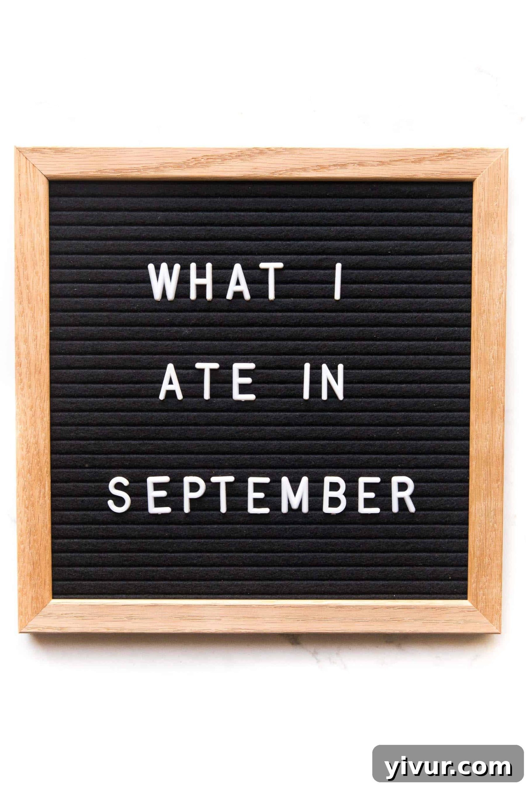 Letterboard sign displaying 'What I Ate in September' against a clean white background, signaling the start of a clean keto and Whole30 weight loss journey.