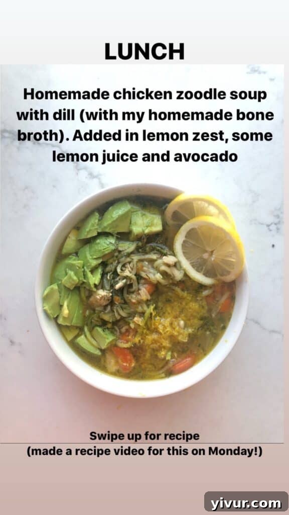 Comforting Chicken Zoodle Soup with fresh dill, a perfect Whole30 and keto-friendly option for any time of year.