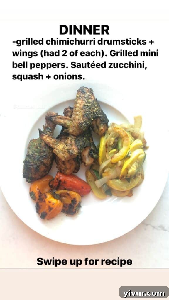 Flavorful Chimichurri Drumsticks served with a medley of roasted mini bell peppers and sautéed zucchini for a complete keto-friendly dish.