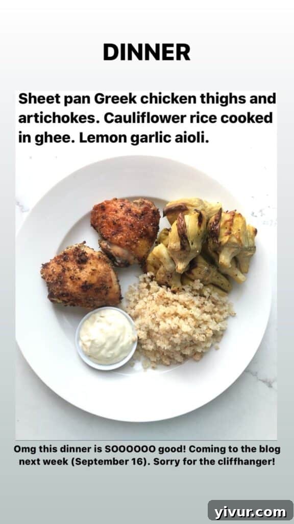 A delicious Sheet Pan Greek Chicken with roasted artichokes and cauliflower rice, making for an easy Whole30 and keto dinner.