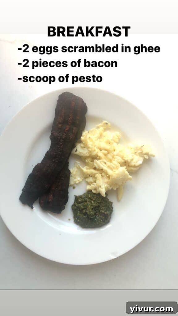 A simple yet satisfying clean keto meal featuring fresh pesto and roasted vegetables.