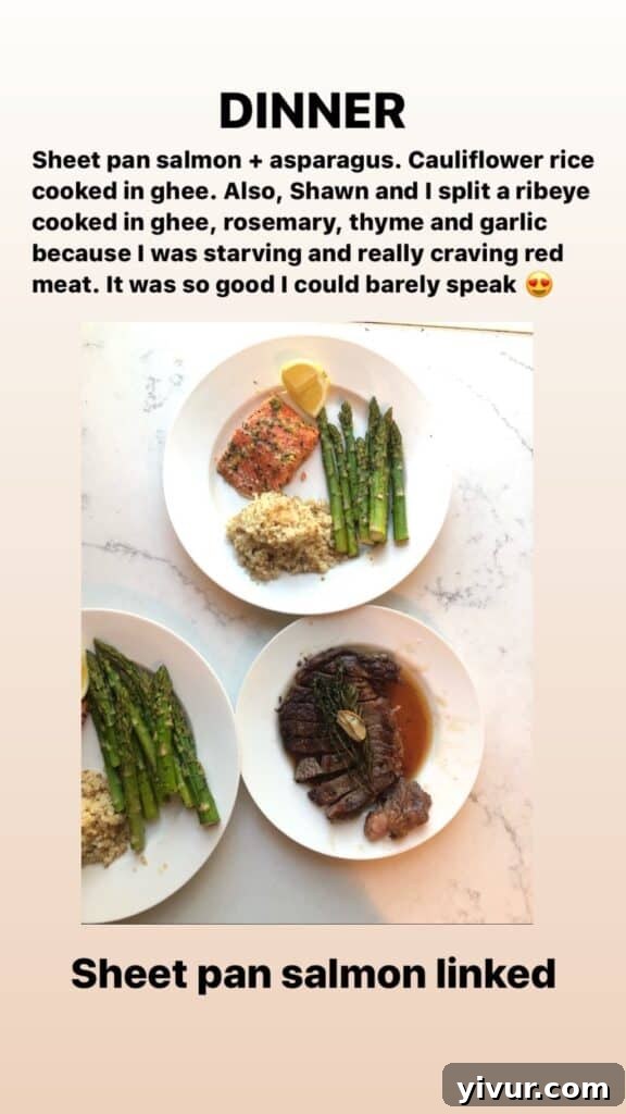 Easy Whole30 and Keto Sheet Pan Salmon with Asparagus and Cauliflower Rice, a quick and healthy dinner option.