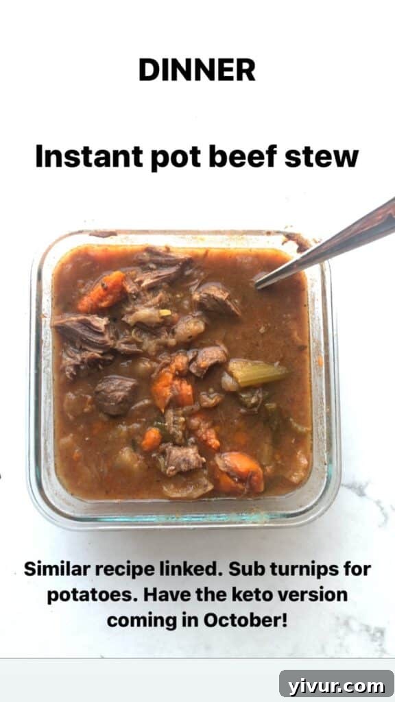 Rich Instant Pot Beef Stew, a comforting and wholesome Whole30 and keto meal.