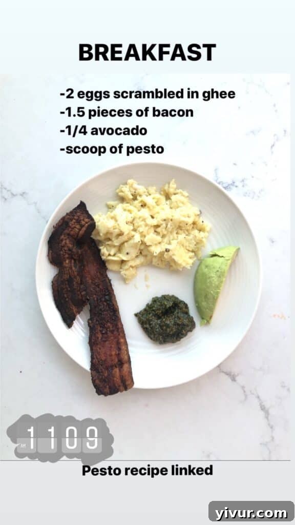 A simple and fresh clean keto meal featuring pesto and a side of protein.