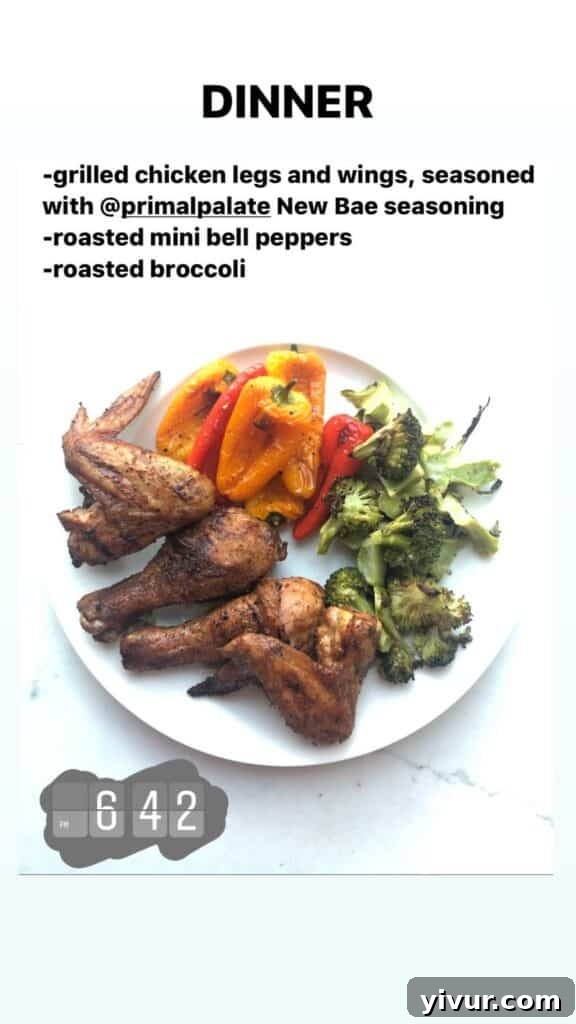 Crispy Roasted Chicken Drumsticks and Wings with roasted mini bell peppers and broccoli, a delicious Whole30 and keto meal.