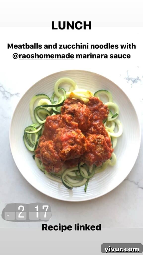 A satisfying plate of Italian Meatballs with zucchini noodles, adhering to clean keto and Whole30 principles.