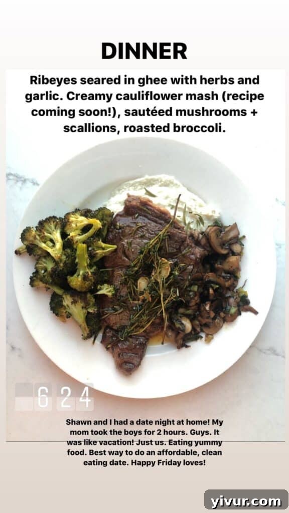 A gourmet clean keto and Whole30 meal featuring Filet Mignon with herb butter, roasted broccoli, sautéed mushrooms, and cauliflower mash.