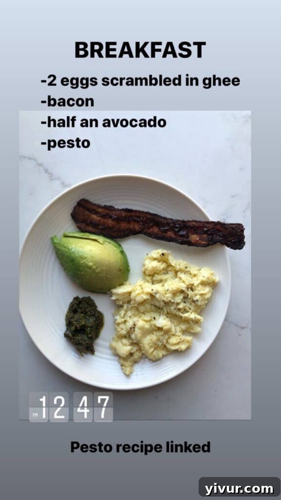 Another simple clean keto meal with pesto, emphasizing fresh ingredients.
