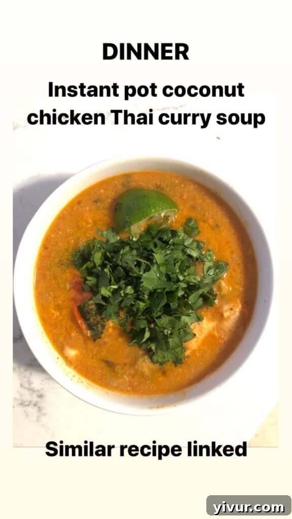 Creamy Instant Pot Coconut Chicken Thai Curry Soup, a flavorful Whole30 and keto-friendly soup.