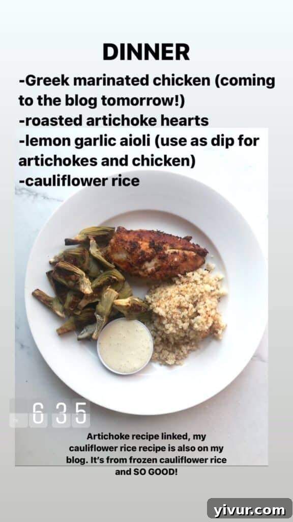 Sheet Pan Greek Chicken with roasted artichokes and cauliflower rice, a repeated favorite for its simplicity and taste.