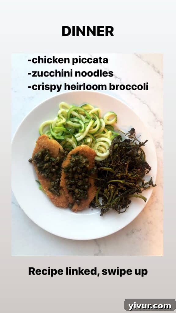 Succulent Paleo Whole30 Chicken Piccata served over a bed of light and fresh zucchini noodles, a perfect low-carb dinner option.