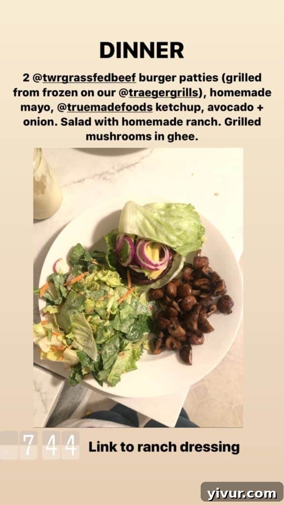 A fresh salad with a creamy ranch dressing and sautéed mushrooms, a simple yet flavorful Whole30 and keto side dish.