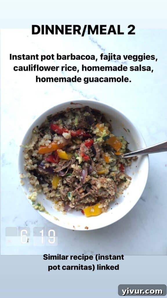 Flavorful Instant Pot Barbacoa with fajita veggies, cauliflower rice, guacamole, and salsa – a delicious and versatile Whole30 and keto bowl.