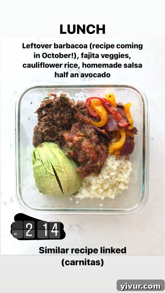 Another wholesome Instant Pot Barbacoa bowl, demonstrating the versatility of this protein with fajita veggies, cauliflower rice, and salsa.