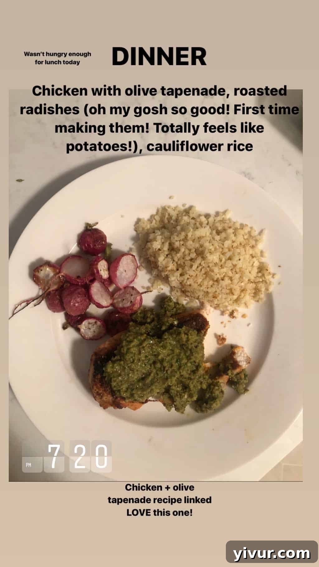 Chicken with Olive Tapenade, served with cauliflower rice and roasted radishes for a Mediterranean-inspired Whole30 and keto meal.