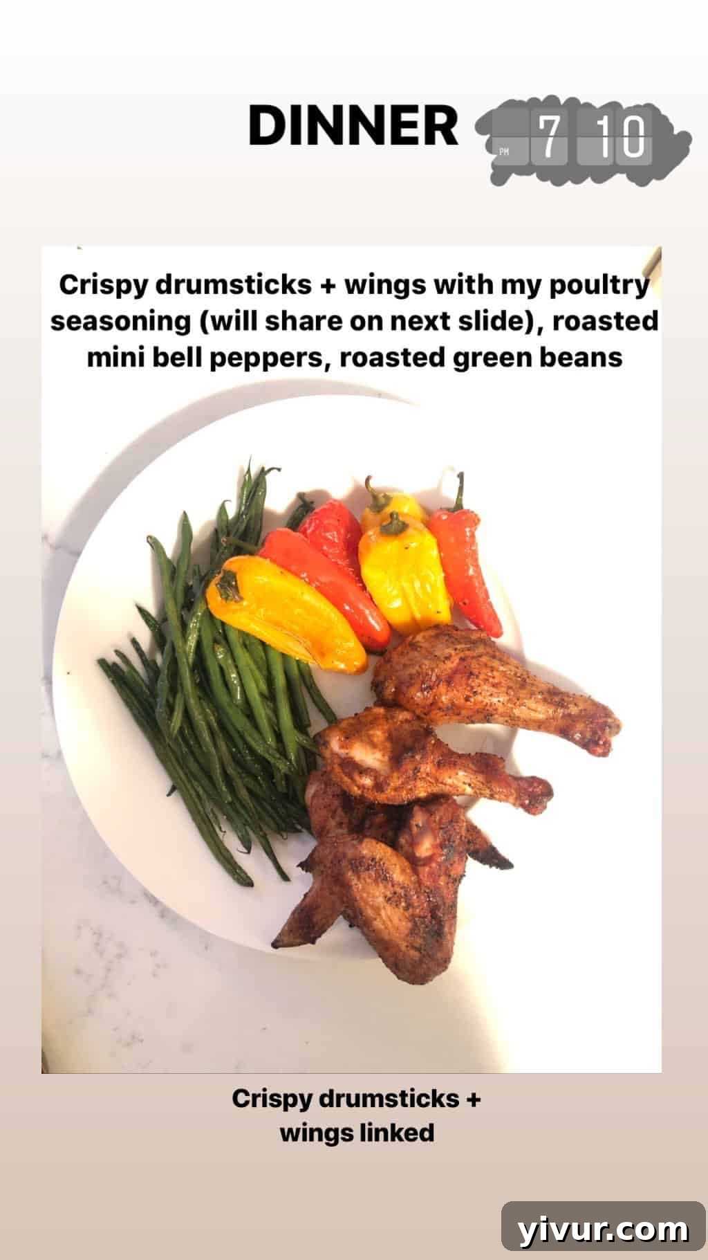 Crispy Chicken Drumsticks and Wings with roasted mini bell peppers and roasted green beans, a satisfying Whole30 and keto dinner.