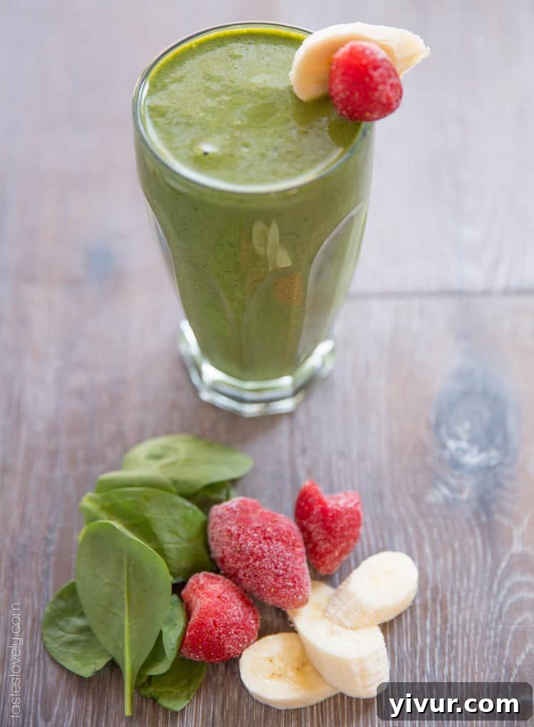Close-up of a refreshing Strawberry & Banana Green Smoothie