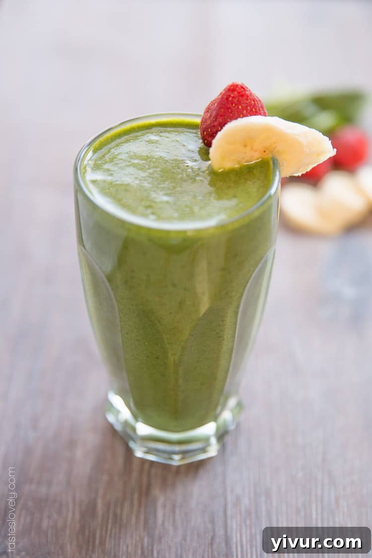 Blended Strawberry & Banana Green Smoothie ready to drink