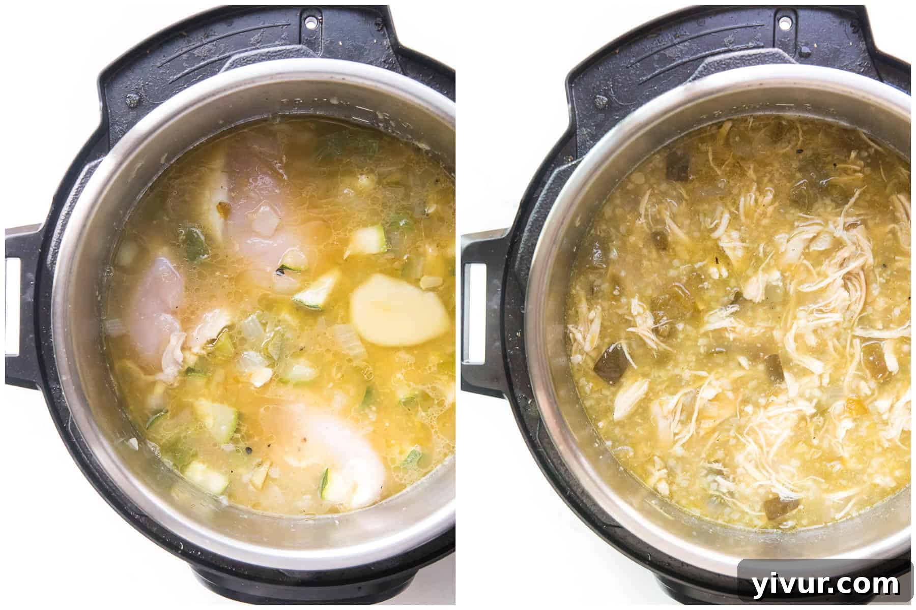 Effortless Whole30 Keto Instant Pot Verde Chicken Chili 4 Before and after comparison of Verde Chicken Chili being cooked in an Instant Pot, showing the transformation of raw ingredients into a rich, stewed dish.