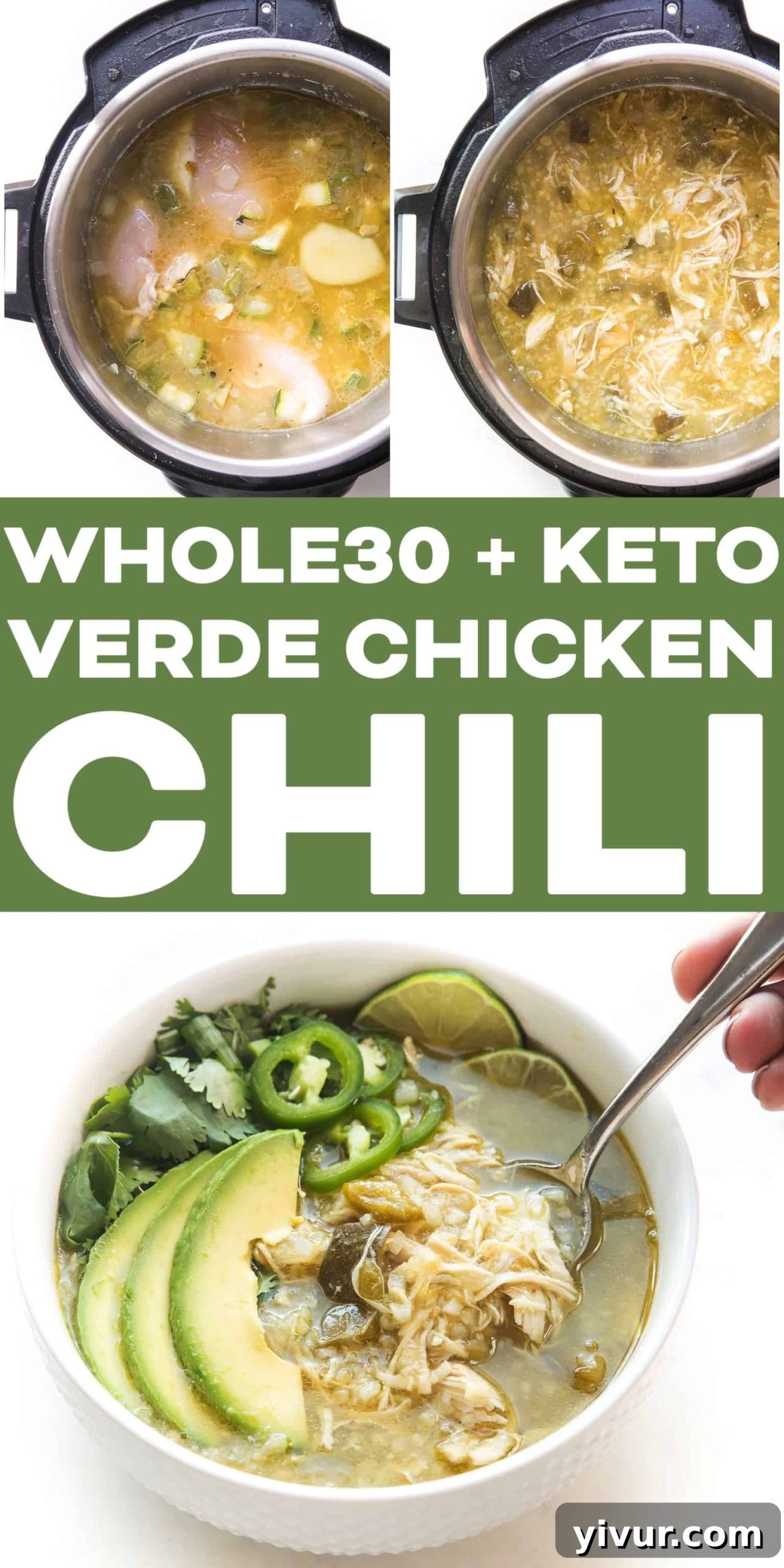 Effortless Whole30 Keto Instant Pot Verde Chicken Chili 8 Two bowls of green Verde Chicken Chili, one with a spoon, both garnished with fresh cilantro and avocado slices. The bowls are placed on a white background, emphasizing the fresh ingredients and vibrant color of the healthy, low-carb dish.