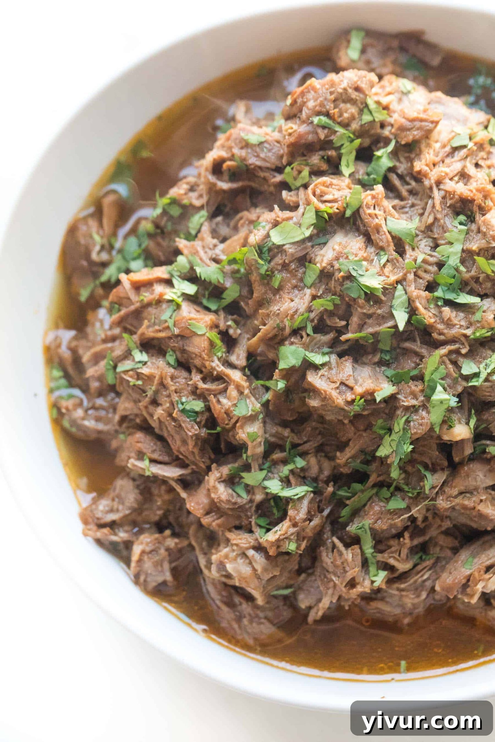 Barbacoa in a white bowl, ready to serve