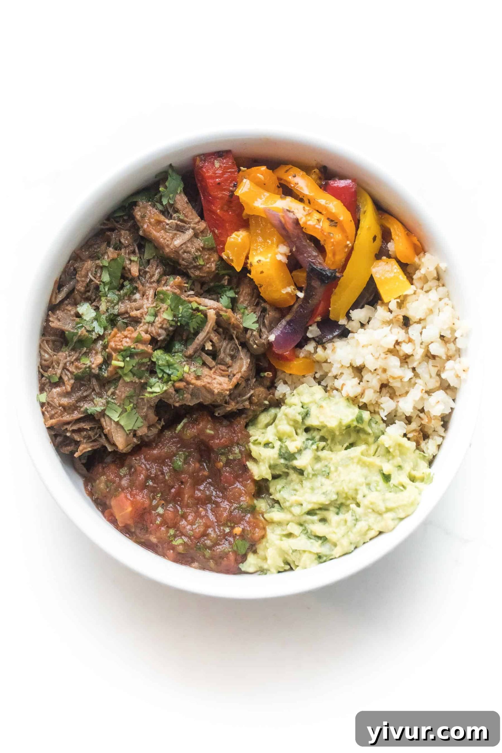Delicious Whole30 and Keto Instant Pot Barbacoa Bowls 4 barbacoa burrito bowls on a white background