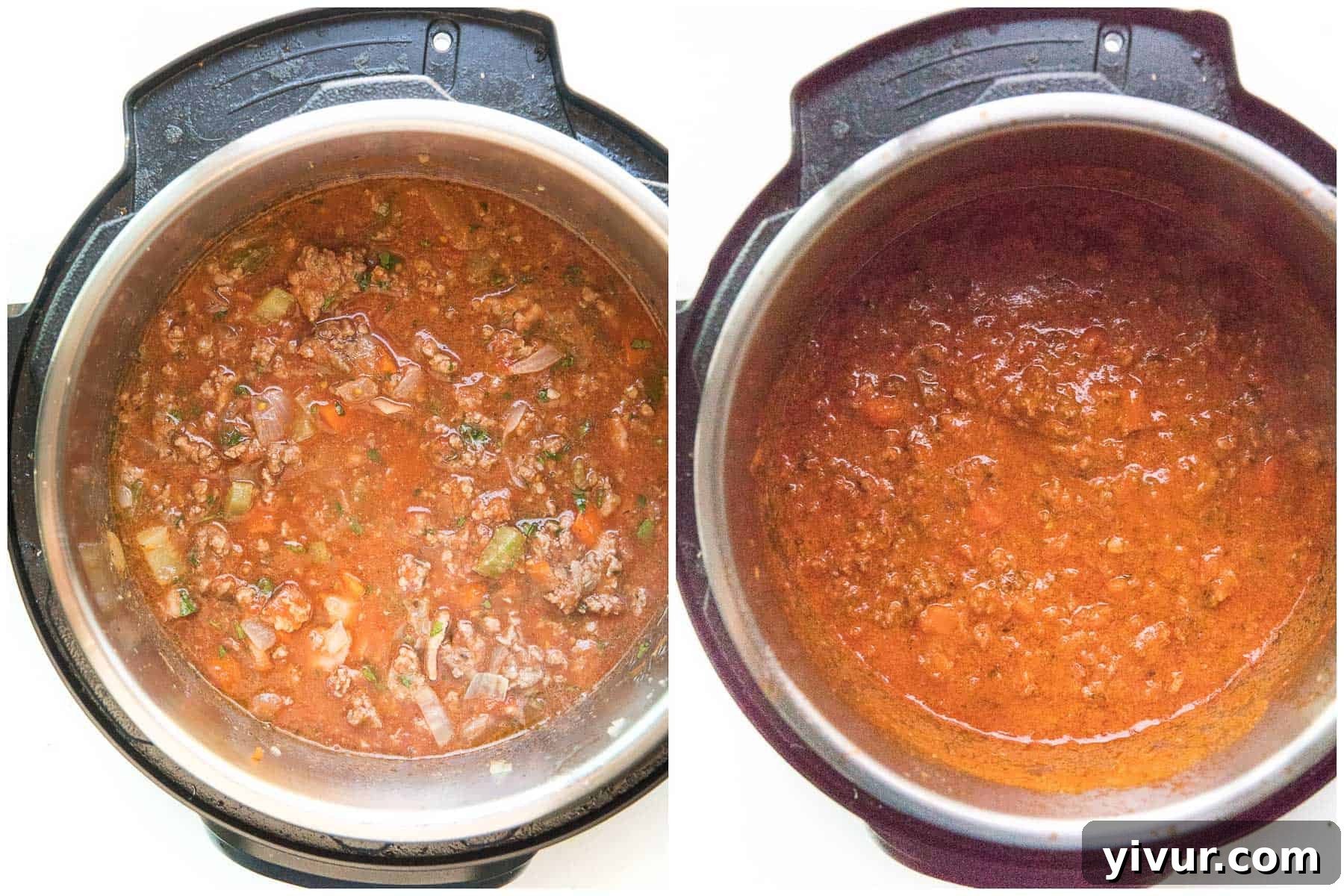 before and after cooking bolognese sauce in instant pot