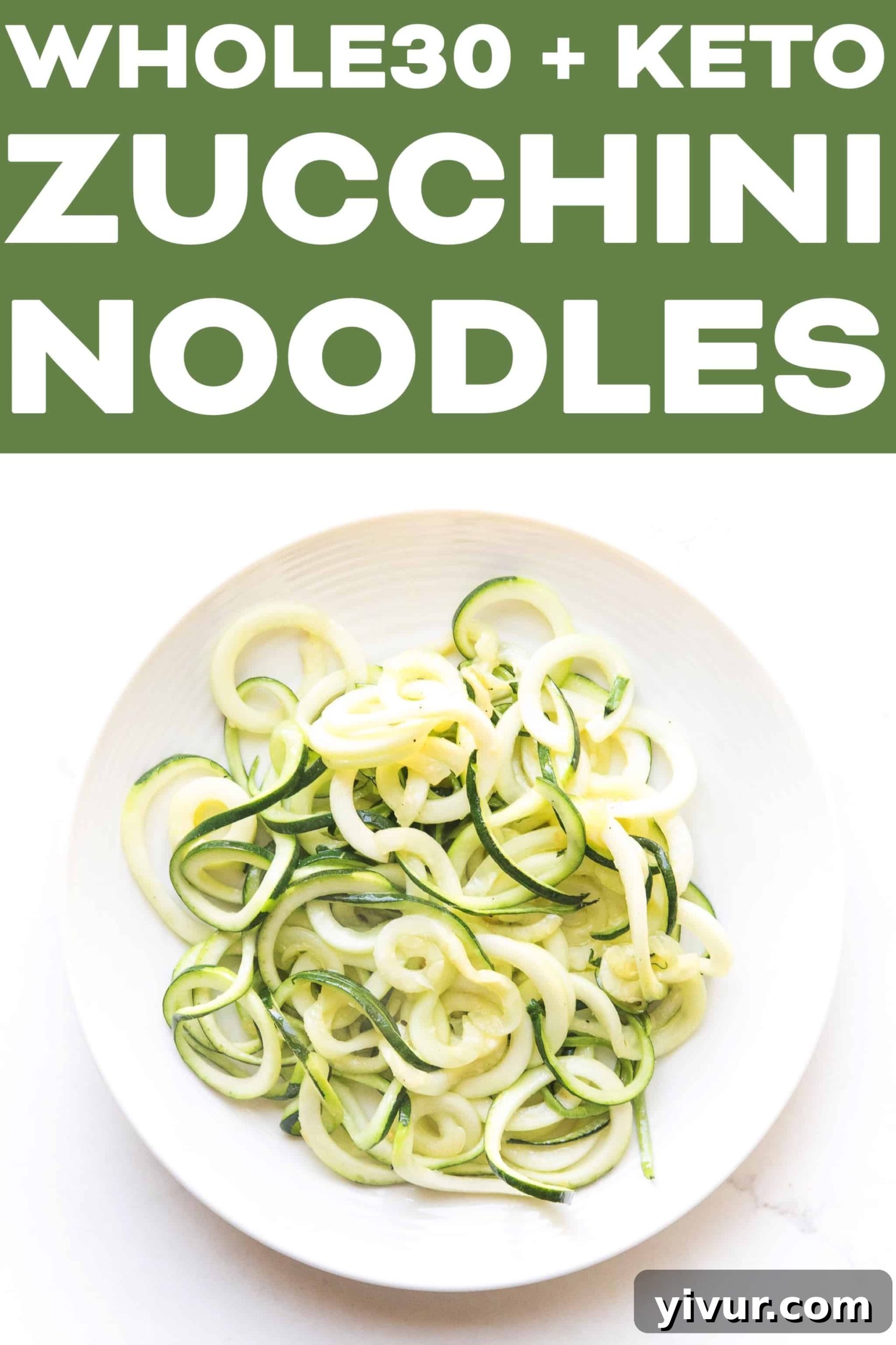 Flavorful Whole30 Keto Zucchini Noodles 5 A close-up of beautifully prepared zucchini noodles on a pristine white plate, showcasing their perfect texture and readiness to be dressed with a savory sauce.