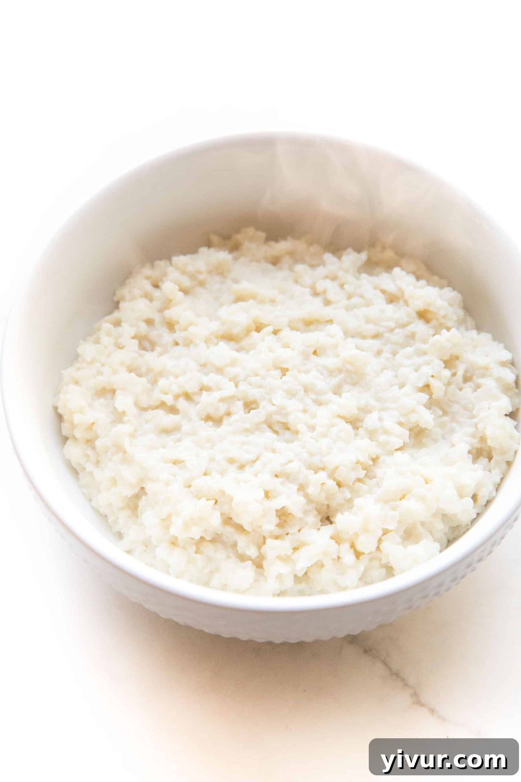 A close-up of the finished Whole30 Keto Cauliflower Rice Risotto in a white bowl, garnished and ready to serve.