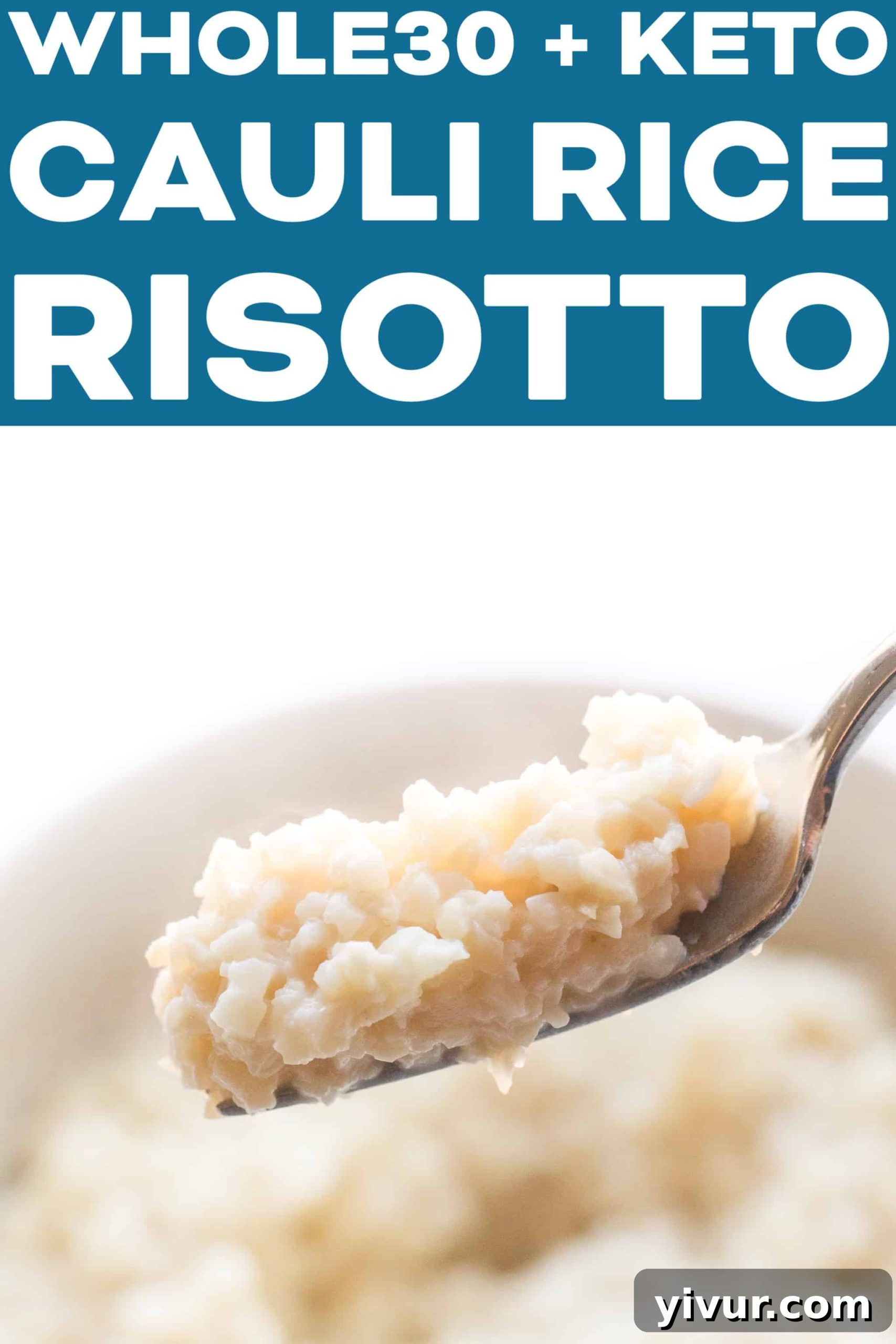 Overhead shot of a bowl of creamy cauliflower rice risotto with a fork, ready to be eaten.