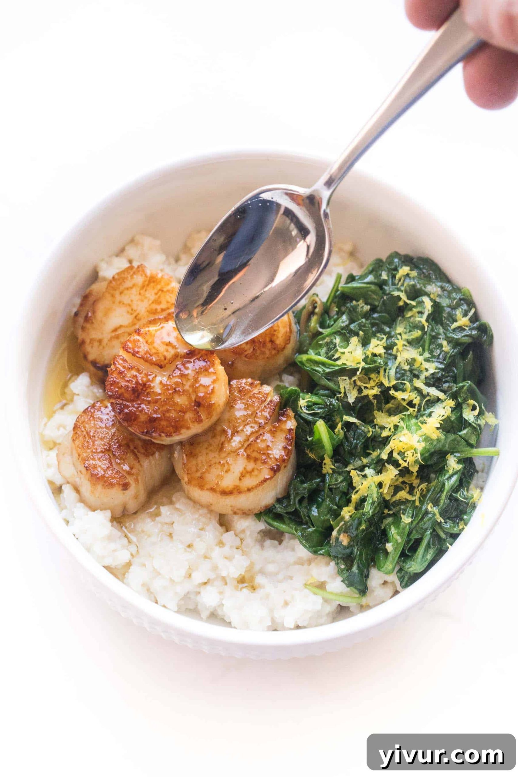 Crispy Golden Whole30 Keto Scallops 3 A close-up shot of perfectly seared scallops in a white bowl, accompanied by creamy cauliflower rice risotto and vibrant sautéed spinach.
