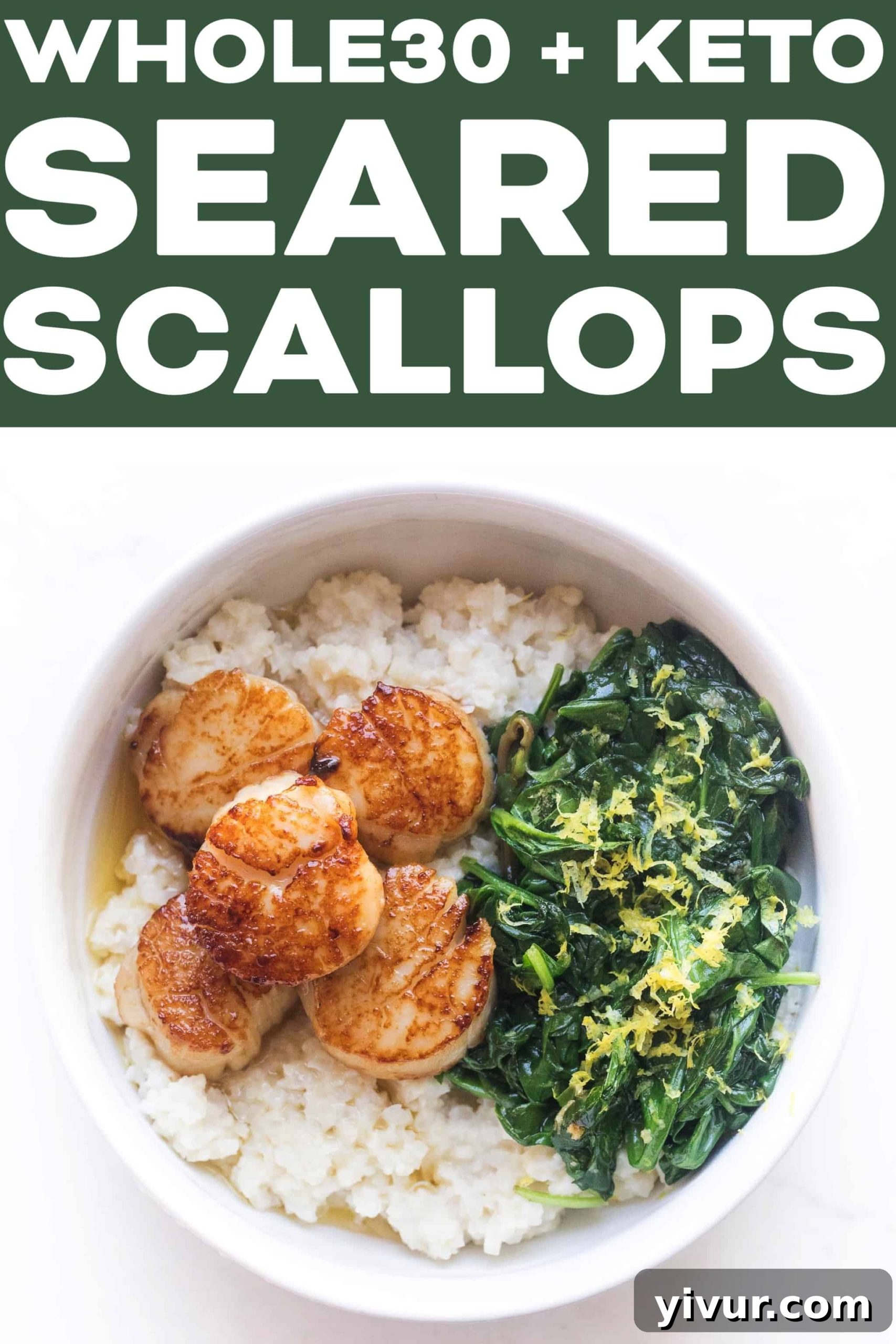 Crispy Golden Whole30 Keto Scallops 7 A beautifully presented dish of seared scallops, cauliflower rice risotto, and sautéed spinach, perfectly cooked and ready to be served.