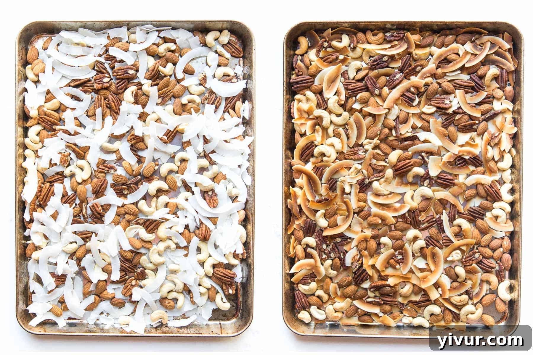 Before and after comparison showing raw nuts and coconut chips transforming into a golden-brown, perfectly roasted Whole30 Keto trail mix.