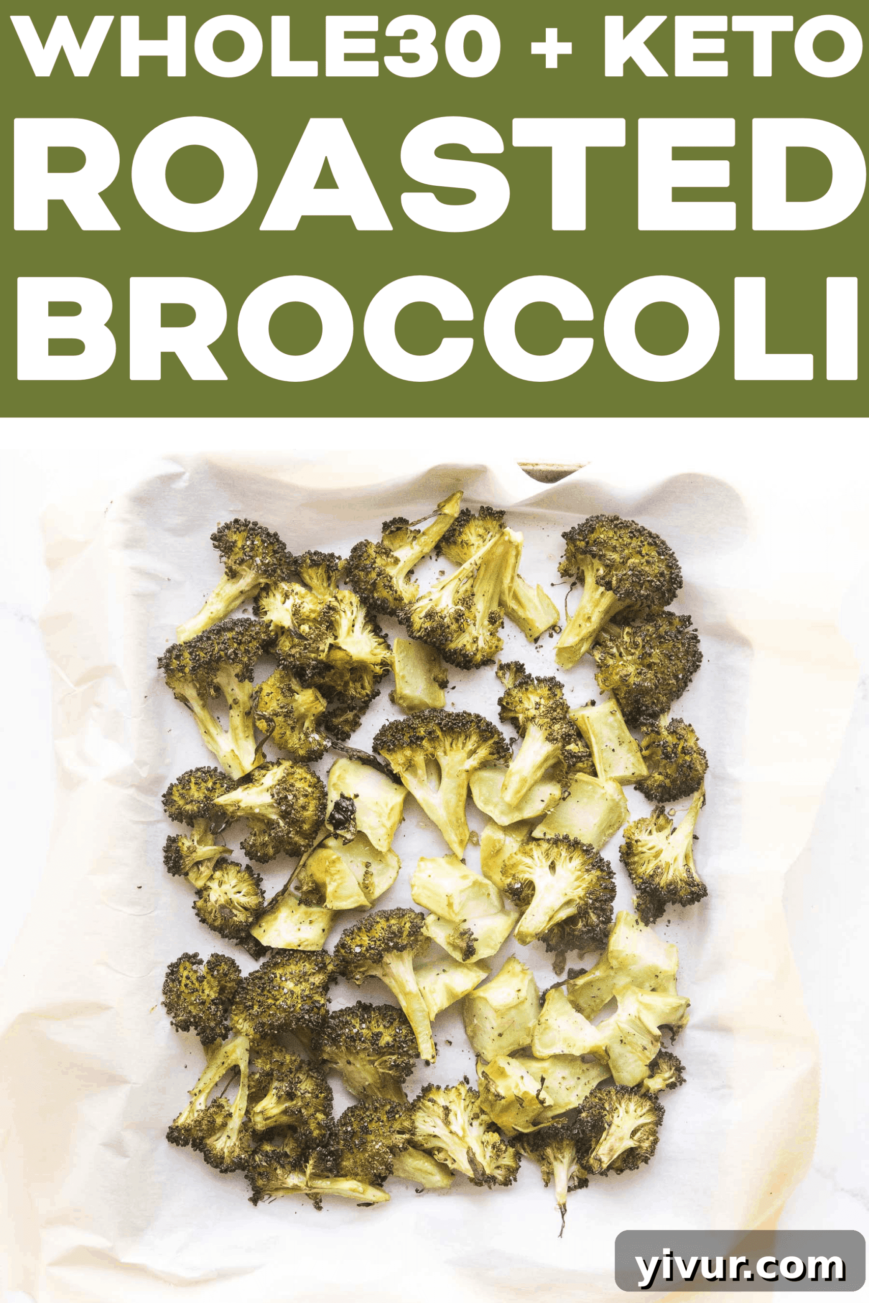 Close-up of a serving of roasted broccoli in a white bowl, garnished with a sprinkle of salt.