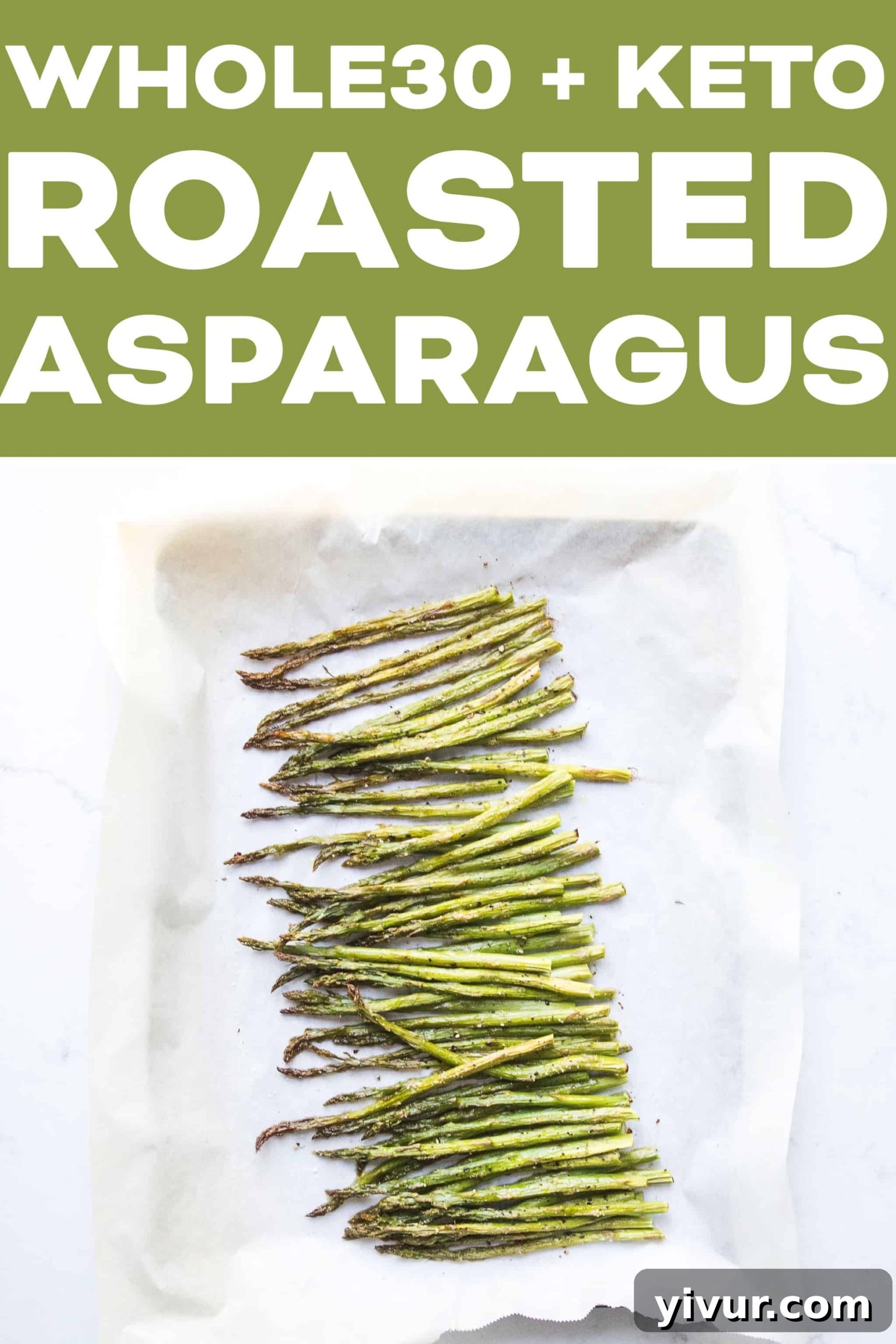 A dish of Whole30 and Keto friendly roasted asparagus, perfectly cooked