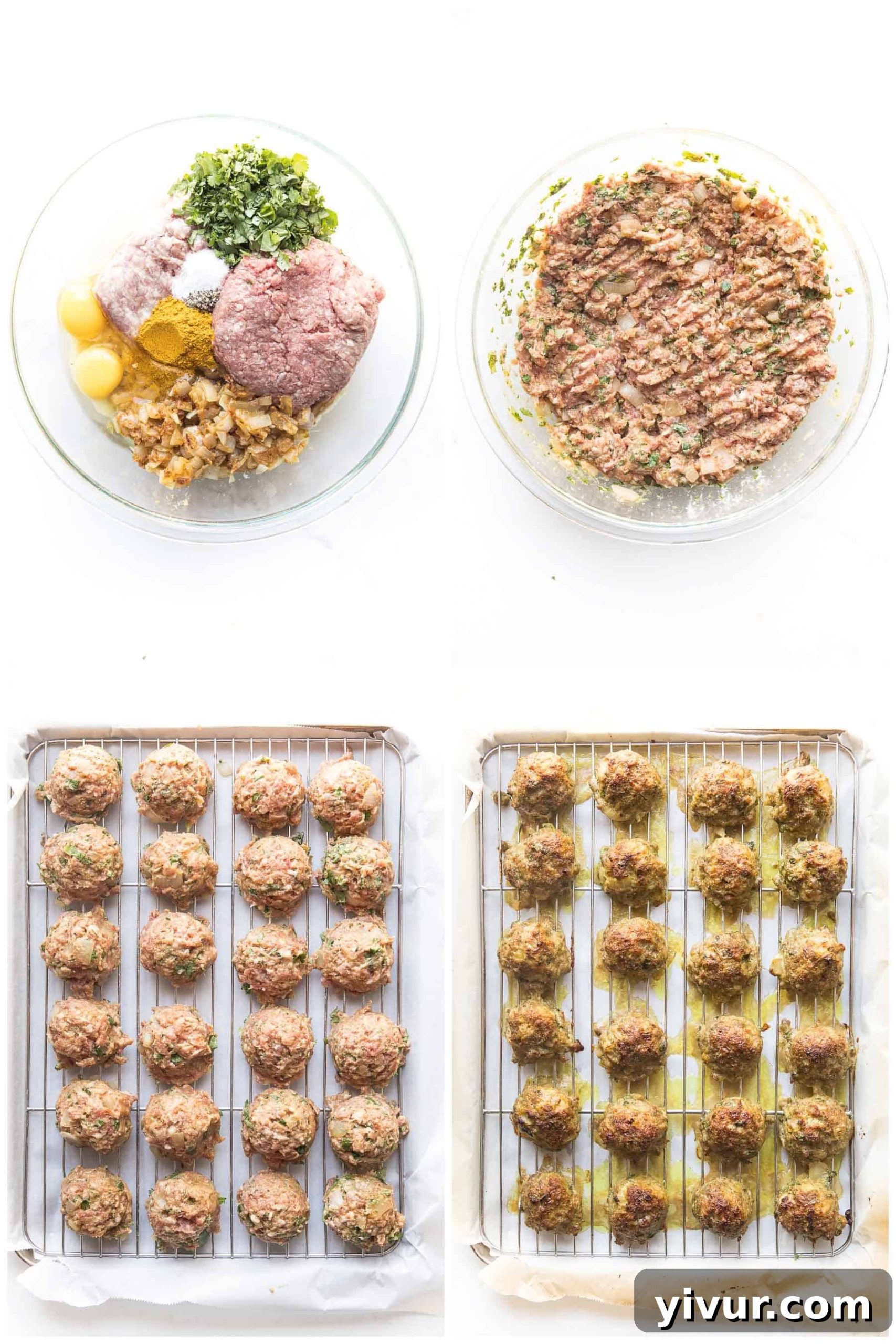 A visual step-by-step guide showing the process of making Thai curry meatballs, including mixing ingredients and forming balls.