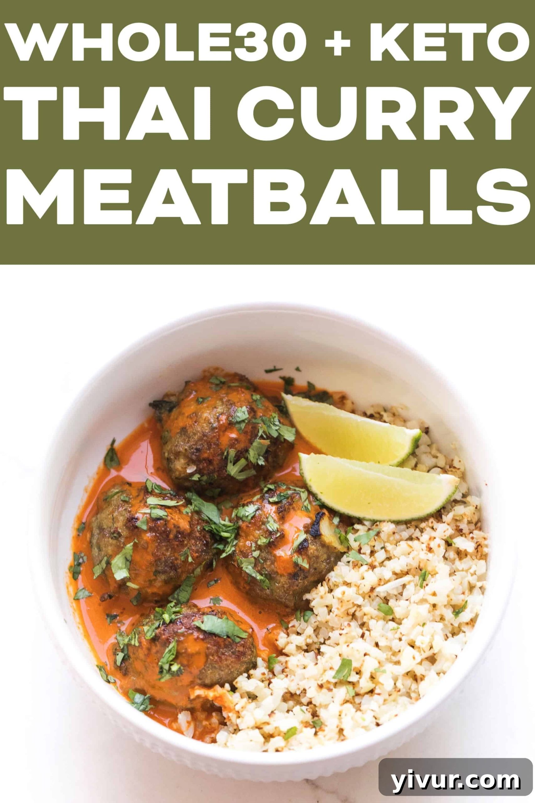 A close-up of a serving of Thai curry meatballs, highlighting the rich sauce, fresh herbs, and the enticing texture of the meatballs.