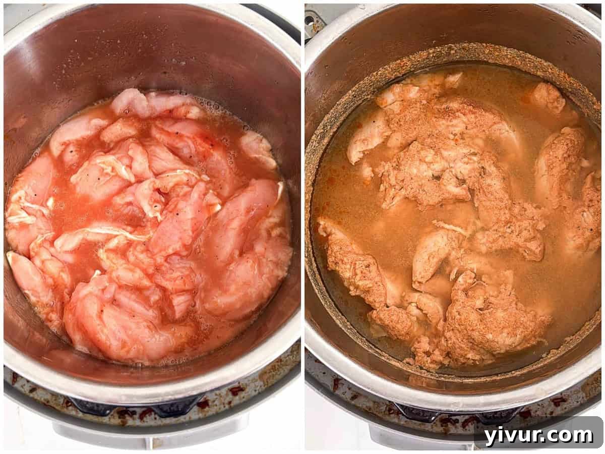 Side-by-side images demonstrate the transformation of chicken. On the left, raw chicken pieces are submerged in a flavorful liquid within a metal pot, ready for cooking. The right image shows the same high-protein Hawaiian Chicken, now fully cooked and tender, simmering in its rich broth within an Instant Pot, showcasing the efficiency of pressure cooking.