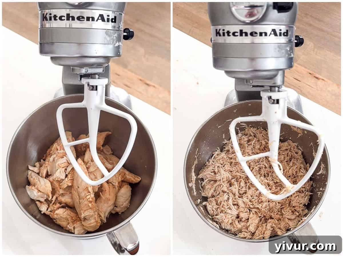 Two sequential images depict the effortless shredding of cooked chicken. The left image shows cooked, high-protein chicken breasts in the bowl of a stand mixer. The right image reveals the chicken perfectly shredded in the same bowl, highlighting the use of a paddle attachment for Instant Pot Hawaiian Chicken recipes, making meal prep quick and simple.