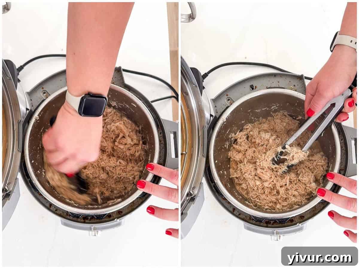 Side-by-side close-up images show hands actively shredding tender, well-cooked Hawaiian Chicken directly inside an Instant Pot using tongs. The person wears a smartwatch and has red nail polish, illustrating a hands-on method for preparing this high-protein meal right in the cooking vessel.